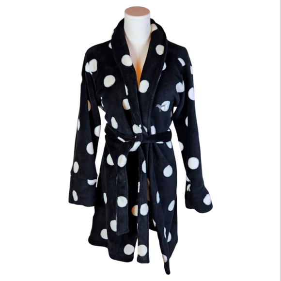 PINK Black Polka Dot Robe XS/S Fleece Belted Lounge Bathrobe Soft Plush Cozy - Picture 1 of 7